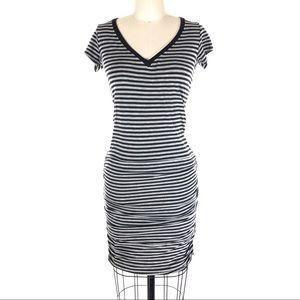 ATHLETA : XS Black Gray Striped Soft Jersey Stretch V-Neck Topanga Ruched Dress